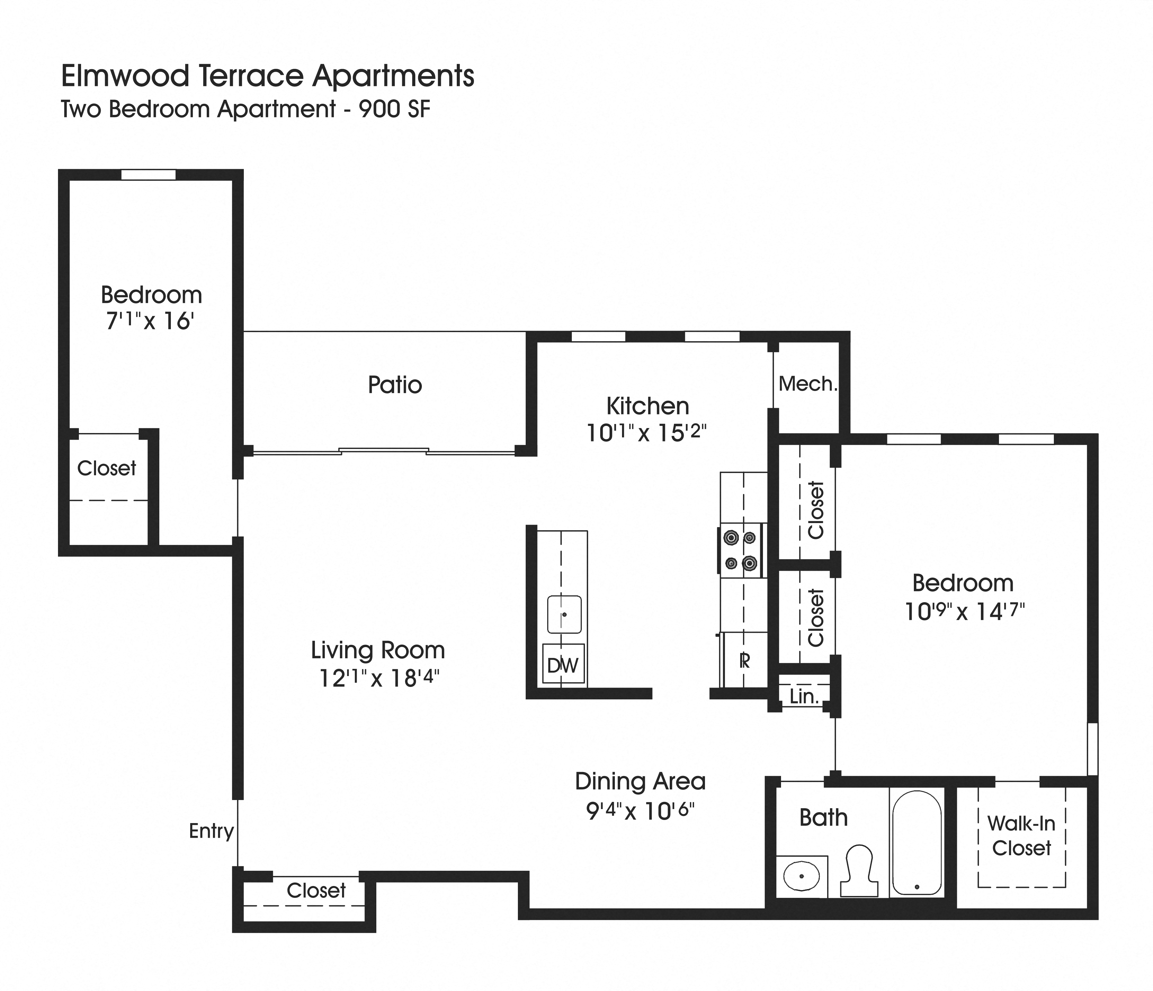 Floor plan for 2 beds, 1 bath, 900 sqft